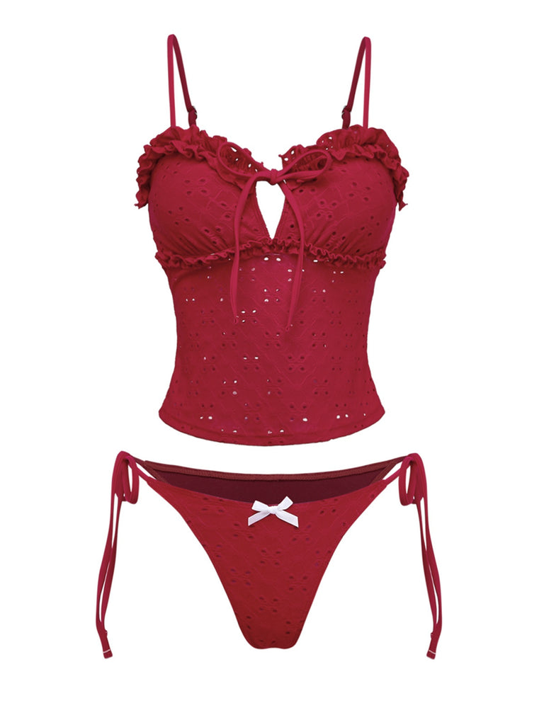 Ensemble tankini rouge à volants brodés années 60