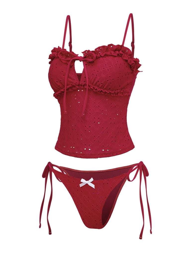 Ensemble tankini rouge à volants brodés années 60