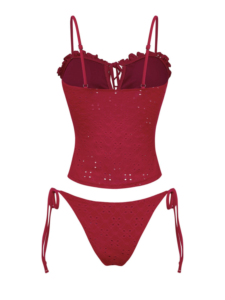 Ensemble tankini rouge à volants brodés années 60