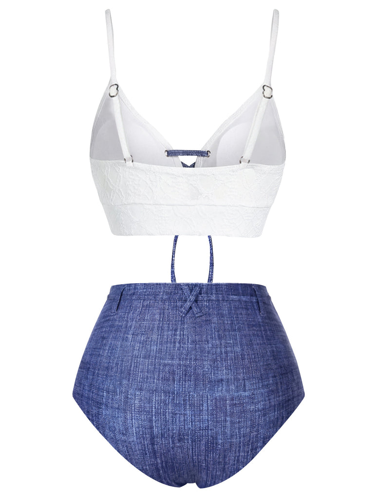 [Prévente] Bikini dentelle lacets col licou faux jean bleu 1940s