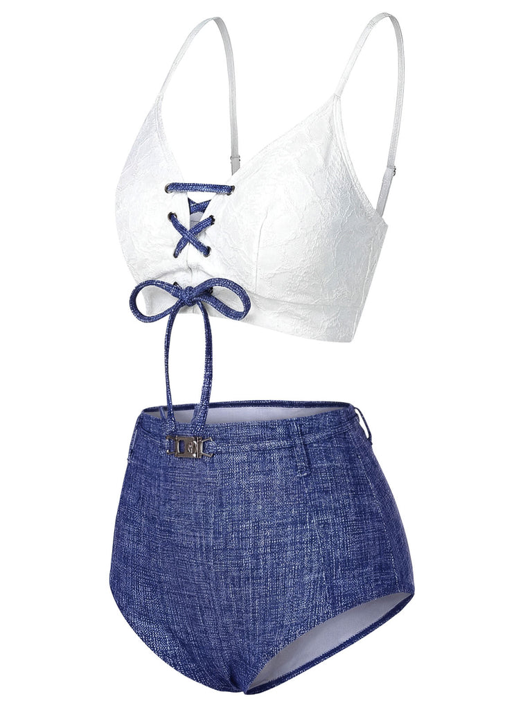 [Prévente] Bikini dentelle lacets col licou faux jean bleu 1940s