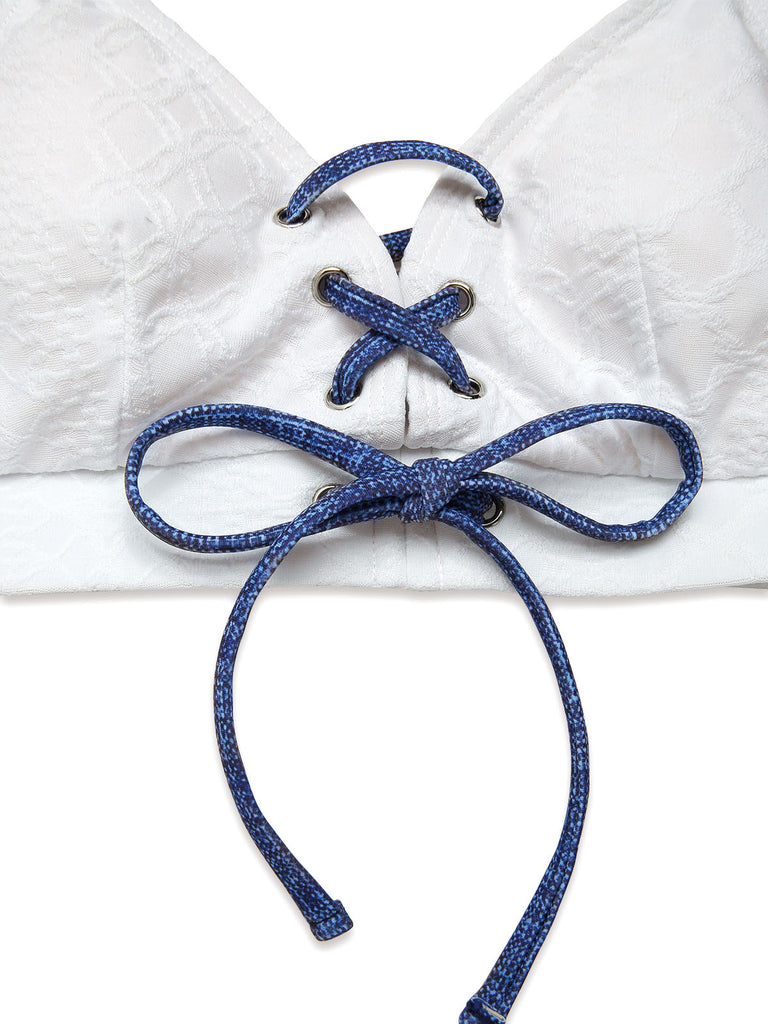 [Prévente] Bikini dentelle lacets col licou faux jean bleu 1940s