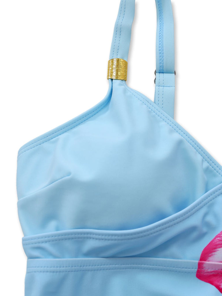 Ensemble tankini à lacets uni à motif floral années 1950