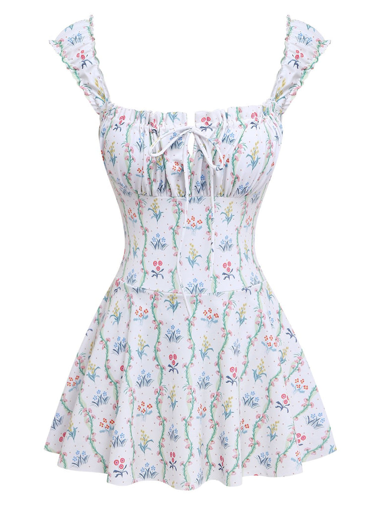 Maillot de bain volants fleurs carré blanc 1970s