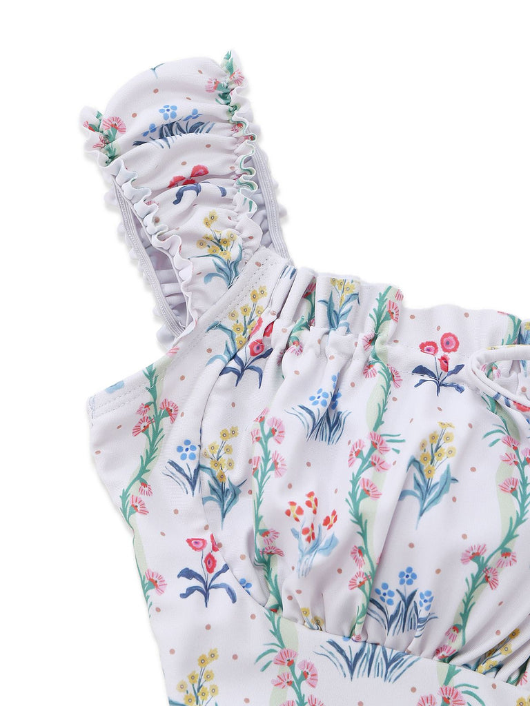 Maillot de bain volants fleurs carré blanc 1970s