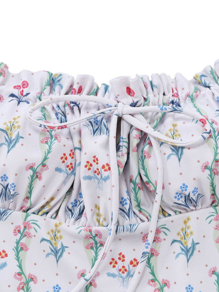 Maillot de bain volants fleurs carré blanc 1970s