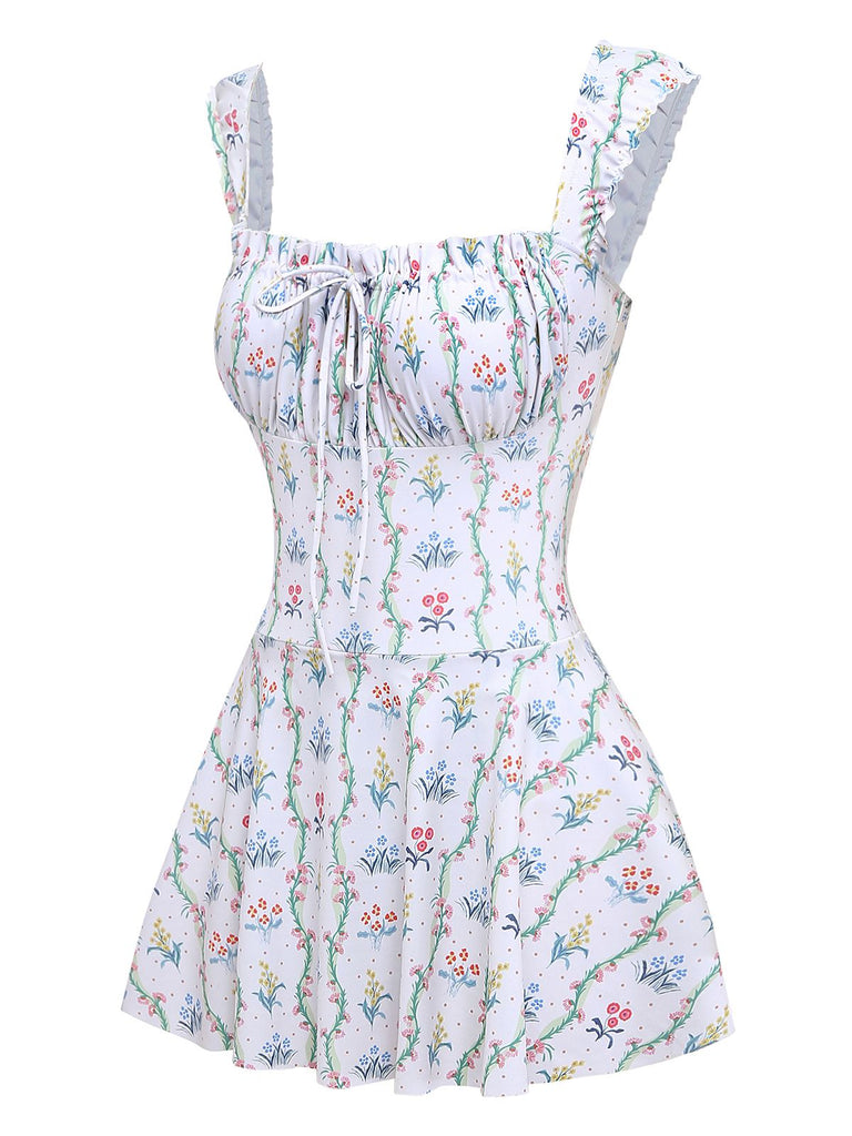 Maillot de bain volants fleurs carré blanc 1970s