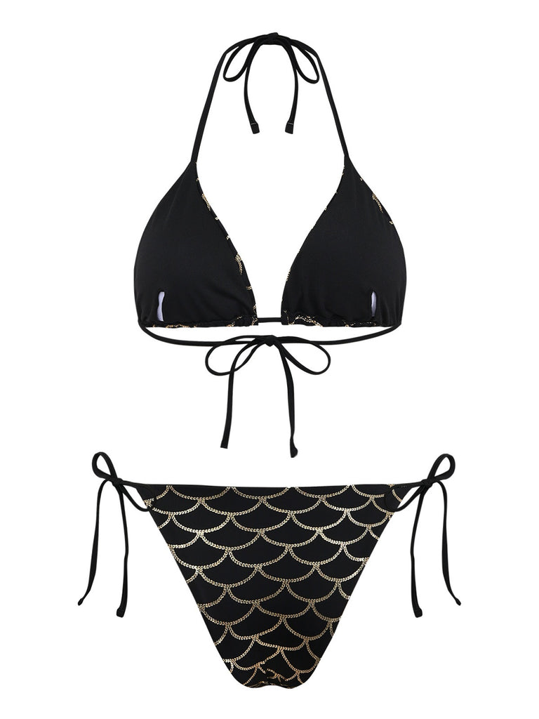 Ensemble bikini écailles sirène dos nu Noire Doré années 1970