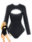 Maillot de bain noir uni découpes et manches longues années 1950
