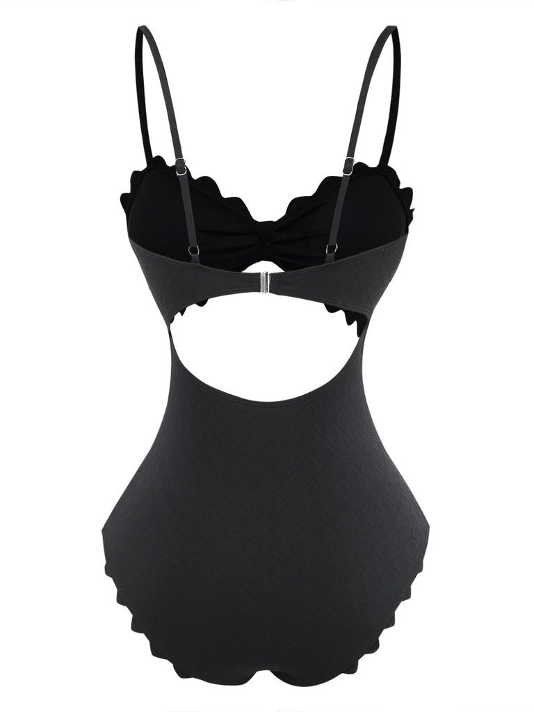 Maillot de Bain 1 Pièce Texturé Ajouré Bordure Festonnée Noir Années 50