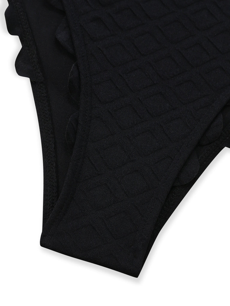 Maillot de Bain 1 Pièce Texturé Ajouré Bordure Festonnée Noir Années 50