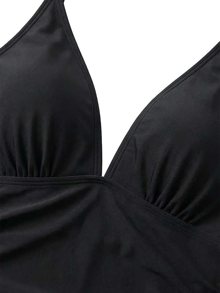 Maillot de bain une pièce fronces et col V fleuri années 1980