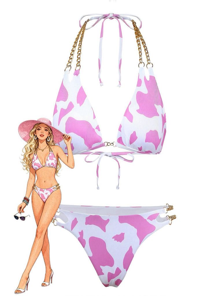 Bikini licou chaîne imprimé vache côtelé 1970s