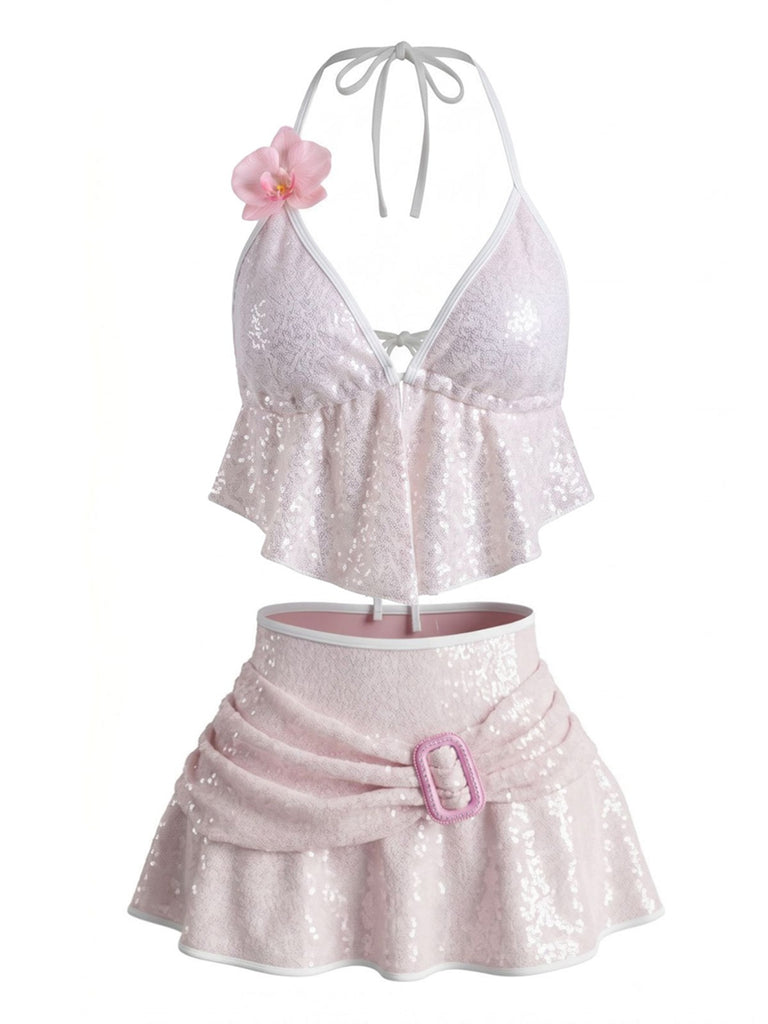 Maillot de Bain Halter à Paillettes 3D Floral Années 1980