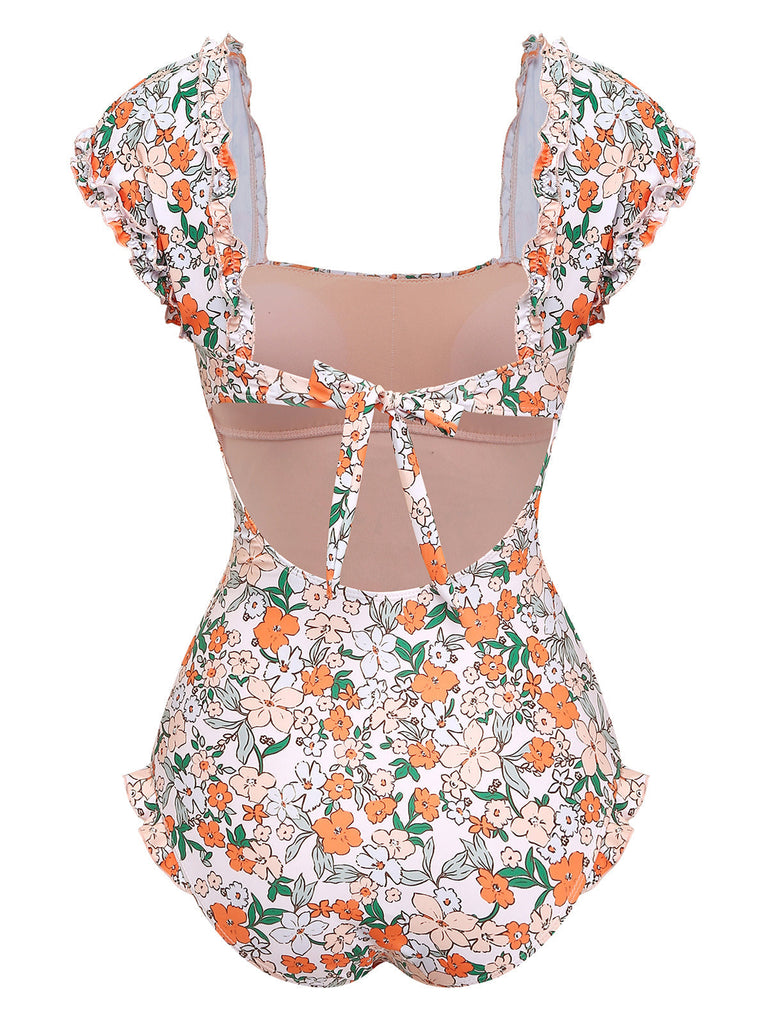 Maillot de Bain Une Pièce à Fleurs Manches Ailettes et Volants Années '50 3