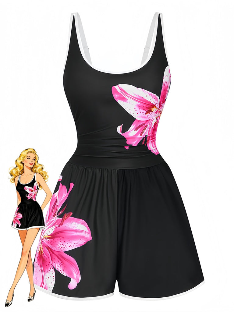 Maillot de bain une pièce tankini à fleurs noires années 1940