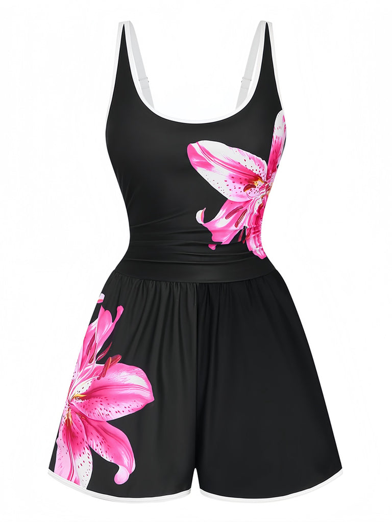 Maillot de bain une pièce tankini à fleurs noires années 1940