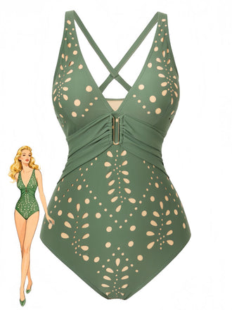 Ajouré Métal Boucle Maillot de Bain Une Pièce Années 1940