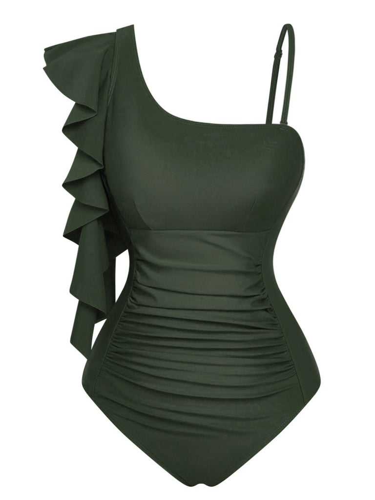 Maillot de Bain Une Pièce à Col Asymétrique et Volants Années '40 9