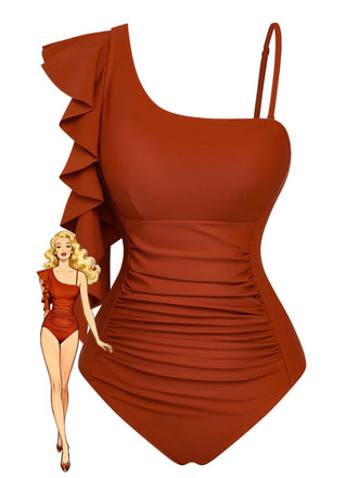 Maillot de Bain Une Pièce à Col Asymétrique et Volants Années '40