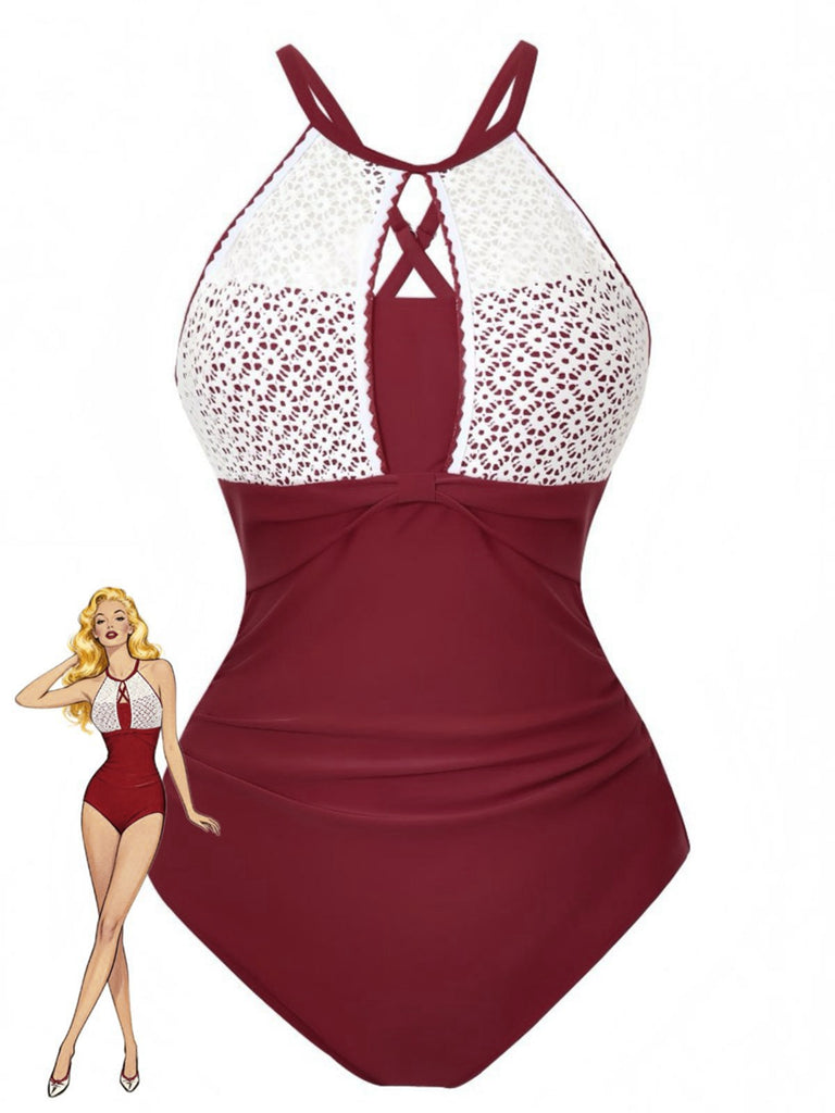 Maillot de bain une pièce dos nu dentelle patchwork 1940s