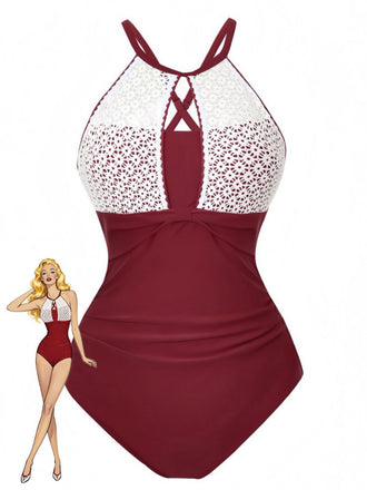 Maillot de bain une pièce dos nu dentelle patchwork 1940s