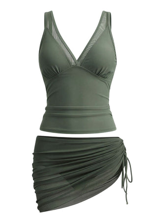 Ensemble Tankini Col V Maille Uni et Jupe Froncée Années 1960 2