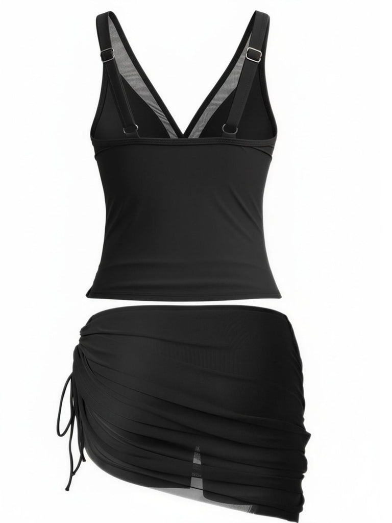 Ensemble Tankini Col V Maille Uni et Jupe Froncée Années 1960 9