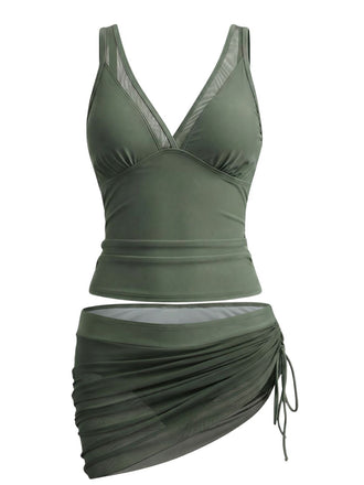 2PCS Ensemble tankini maille unie col V et jupe froncée années 1960