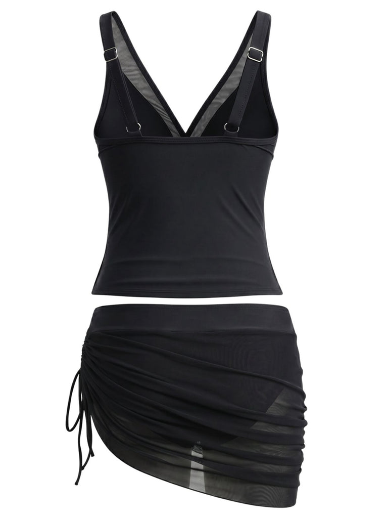 2PCS Ensemble tankini maille unie col V et jupe froncée années 1960
