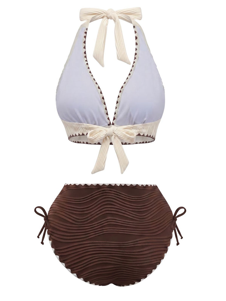 Ensemble bikini côtelé beige et marron dos nu et taille haute années 50