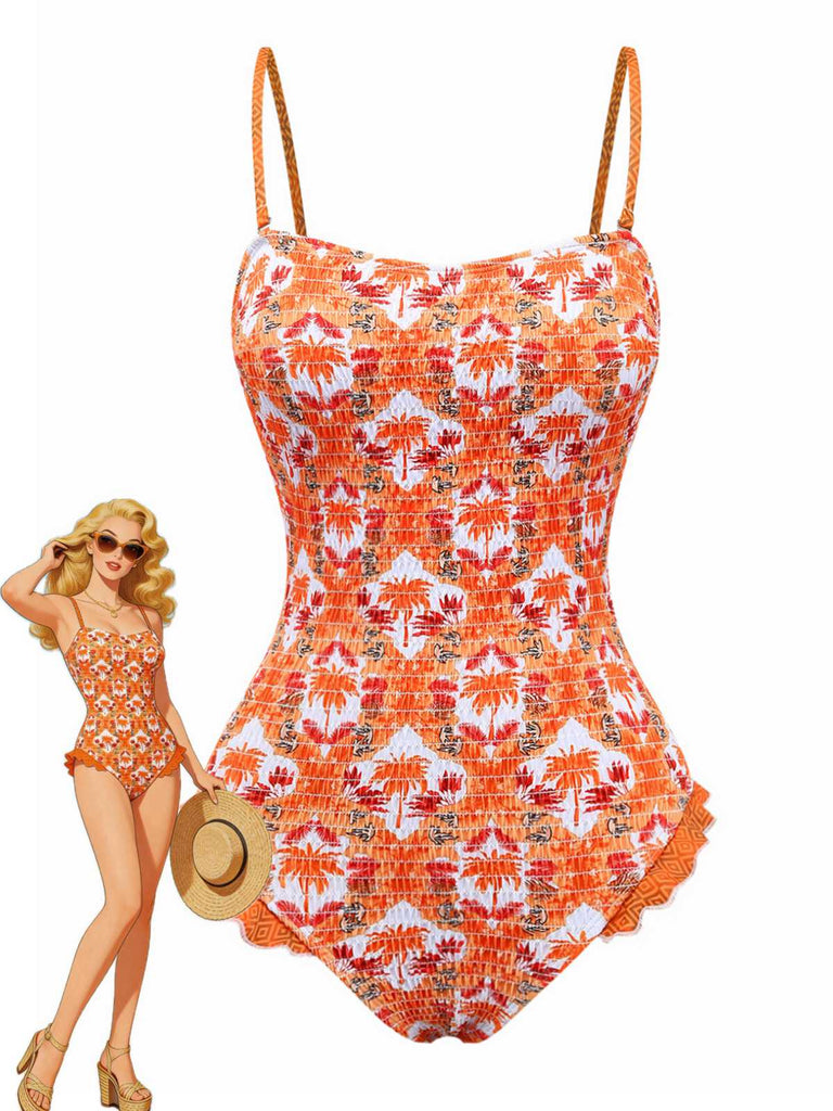 Maillot de bain orange imprimé cocotier tropical années 1960