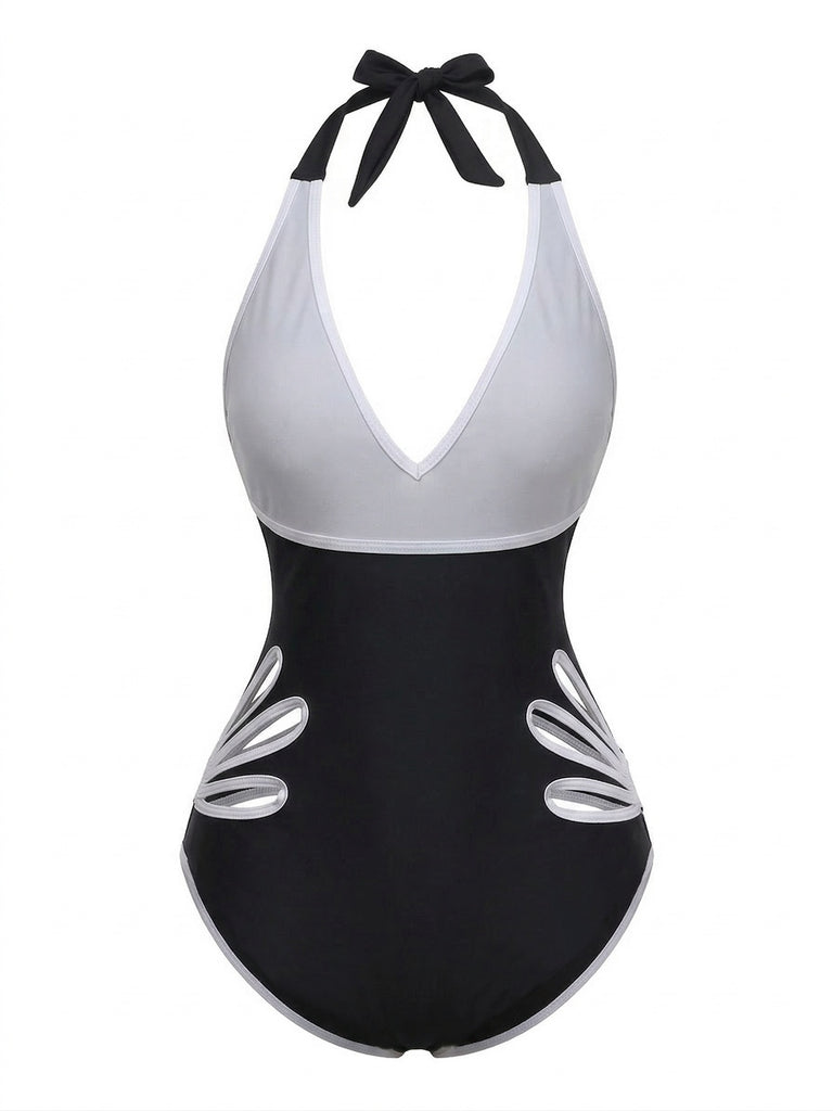 Maillot de bain une pièce noir à découpes florales années 1940