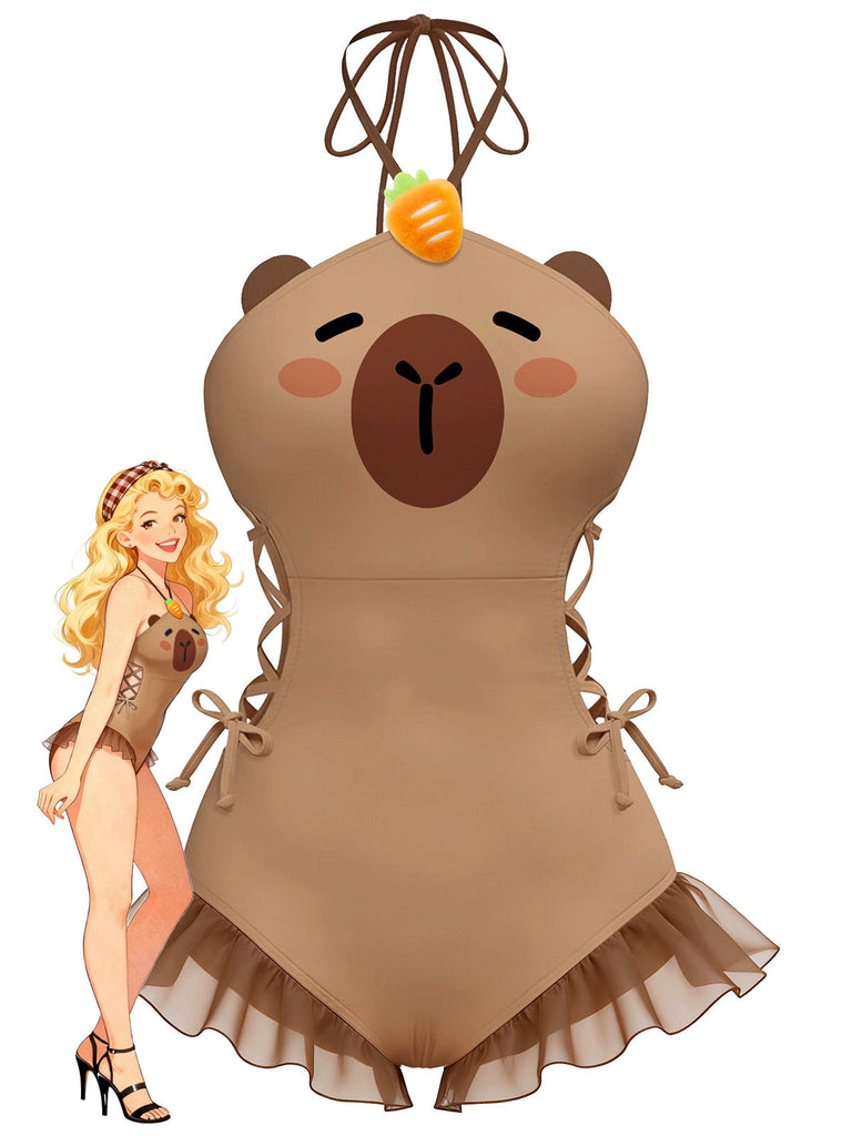 Maillot de bain marron à lacets imprimé capybara années 60
