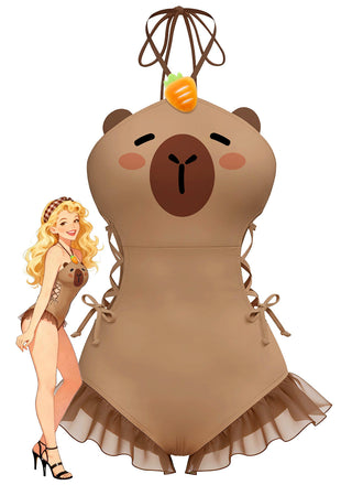 [Prévente] Maillot de bain marron à lacets imprimé capybara années 60