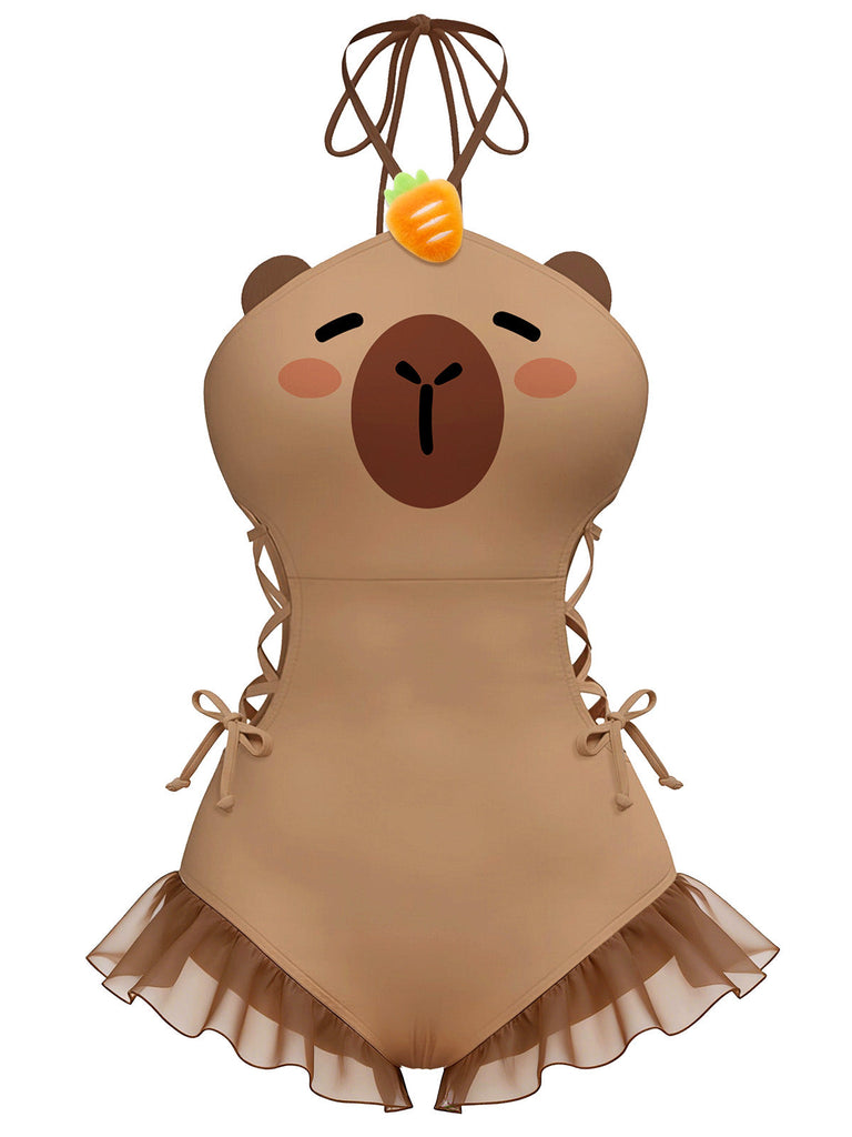 Maillot de bain marron à lacets imprimé capybara années 60