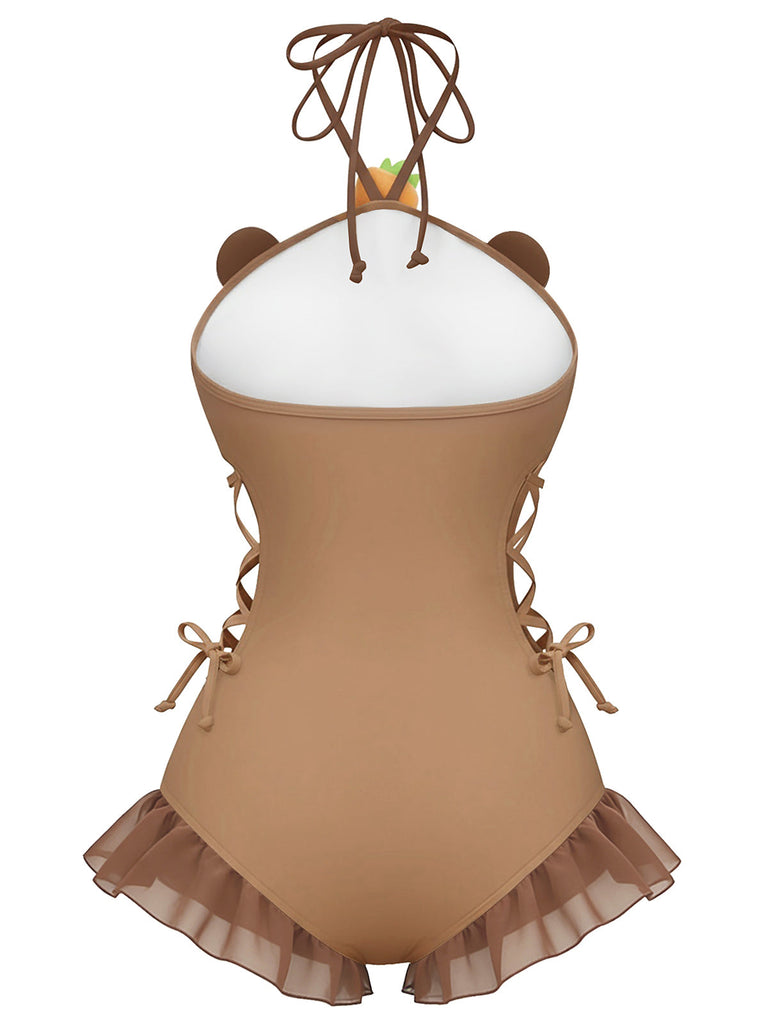 Maillot de bain marron à lacets imprimé capybara années 60