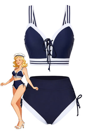 [Prévente] Ensemble bikini à lacets rayé bleu style nautique années 1940