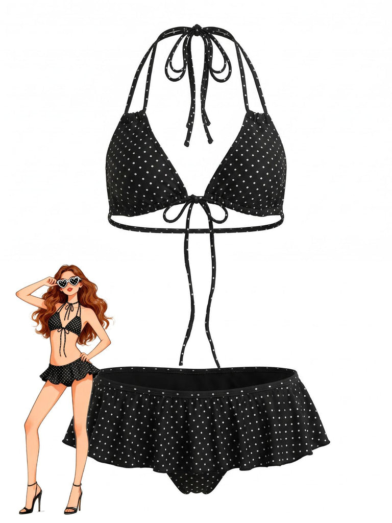 Noir Volant à Lacets à Pois Ensemble Bikini Années 1950