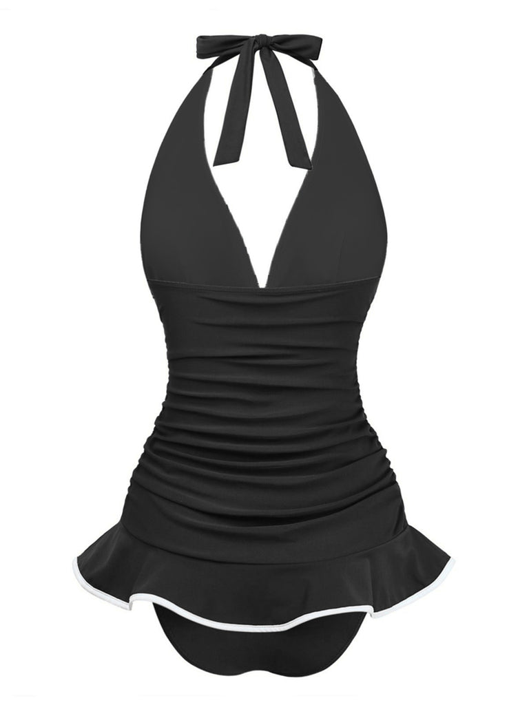 Maillot de bain dos nu volants bordures contrastées 1930s