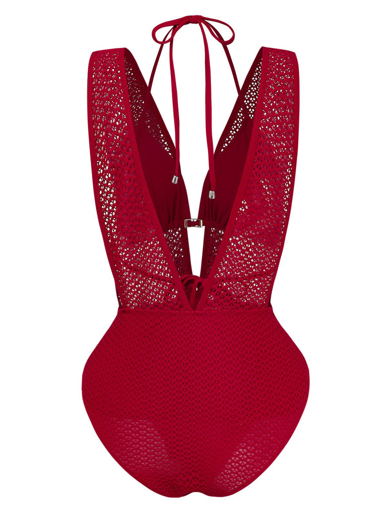 Ensemble maillot de bain dos nu en maille crochetée décolleté en V profond années 1950