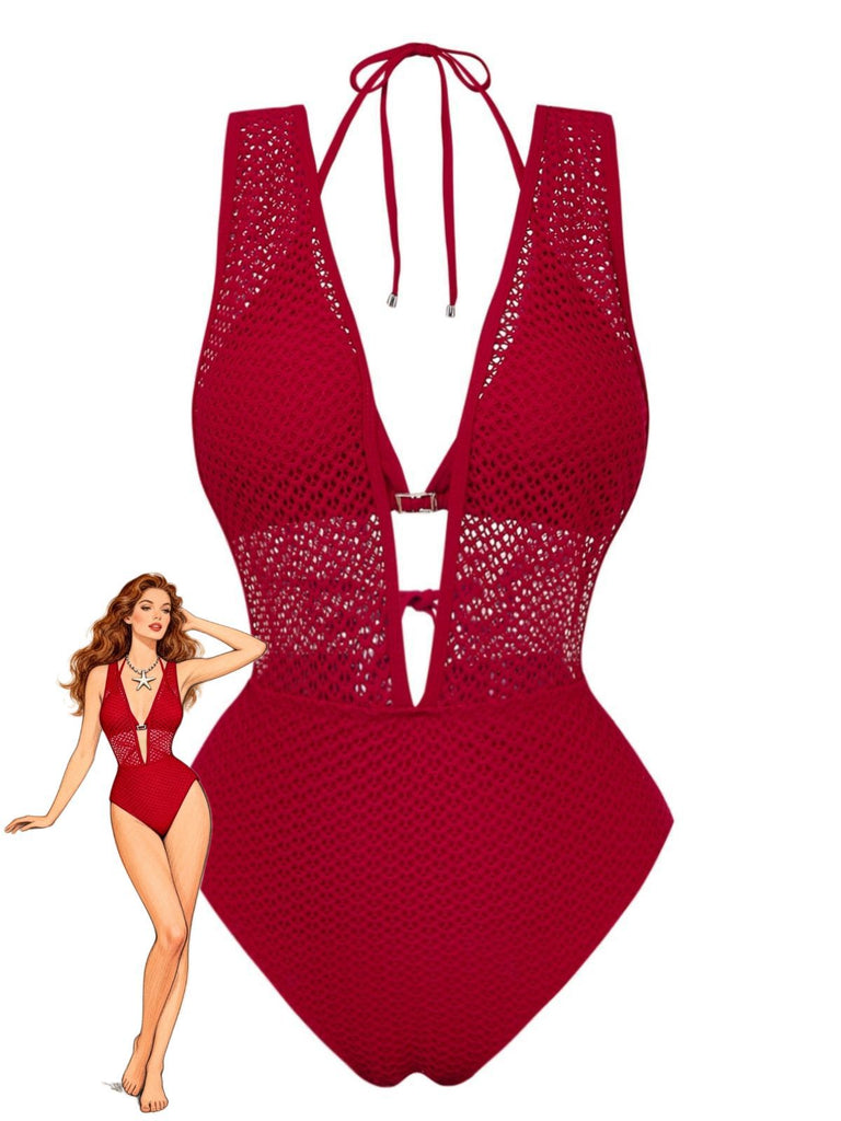 Ensemble maillot de bain dos nu en maille crochetée décolleté en V profond années 1950