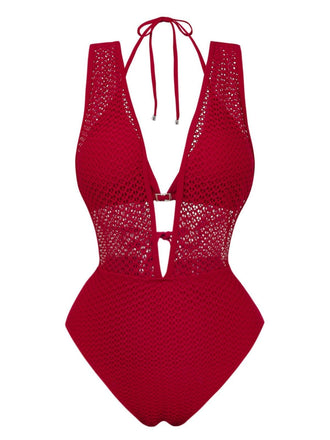 Ensemble maillot de bain dos nu en maille crochetée décolleté en V profond années 1950