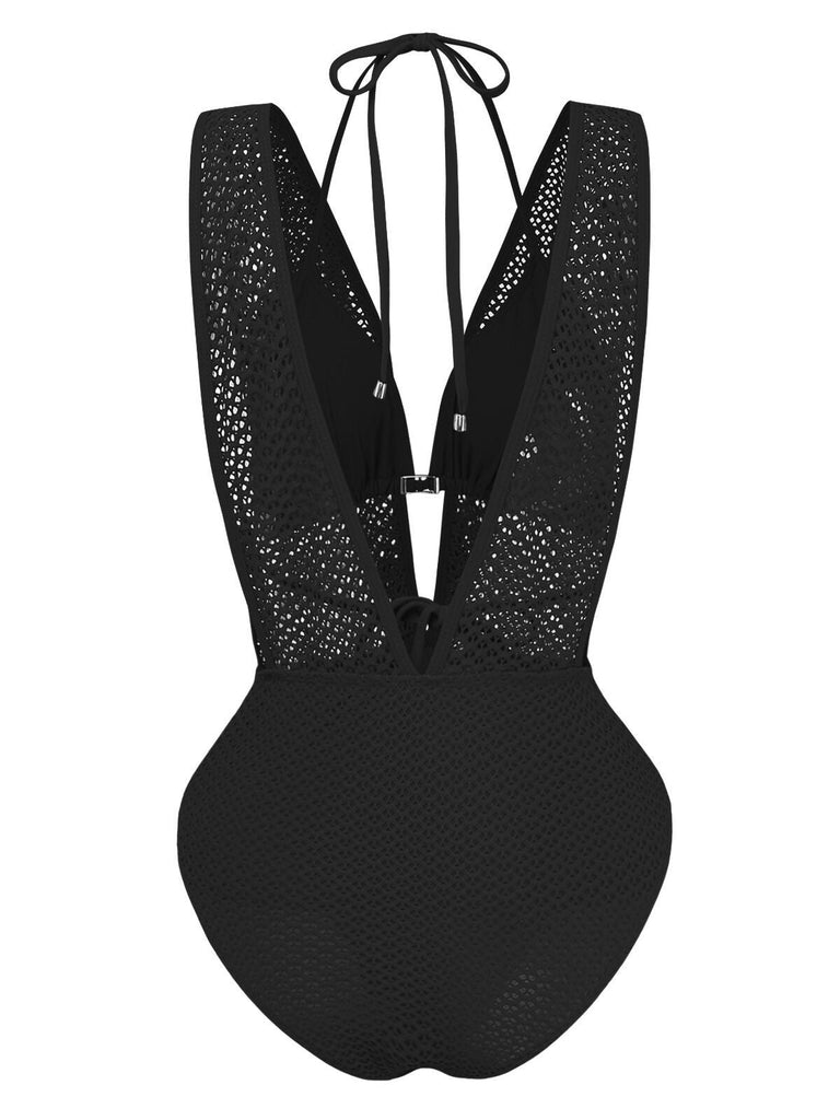 Ensemble maillot de bain dos nu en maille crochetée décolleté en V profond années 1950