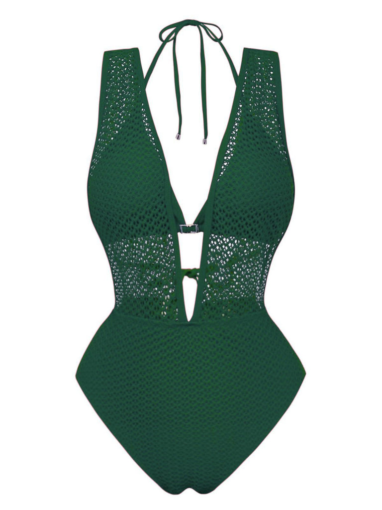 Ensemble maillot de bain dos nu en maille crochetée décolleté en V profond années 1950