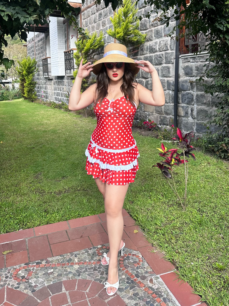Maillot de bain une pièce rouge pois nœud dos nu 1940s