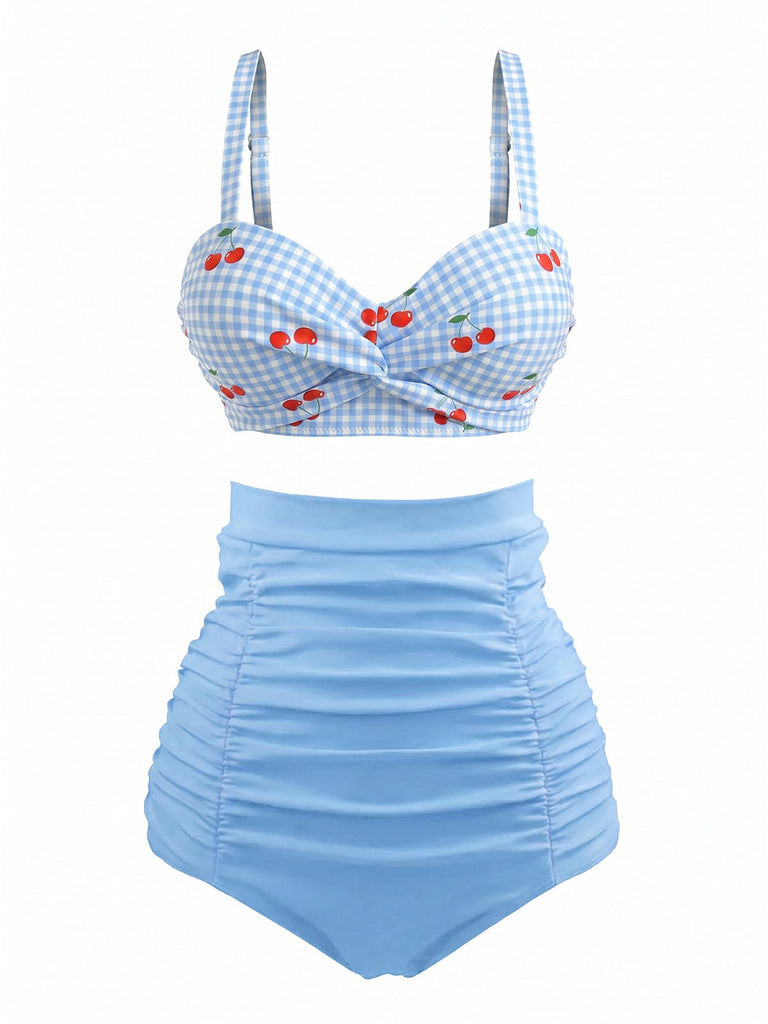 [Prévente] Ensemble Bikini Vintage à Carreaux et Cerises Bleu Ciel Années 1940