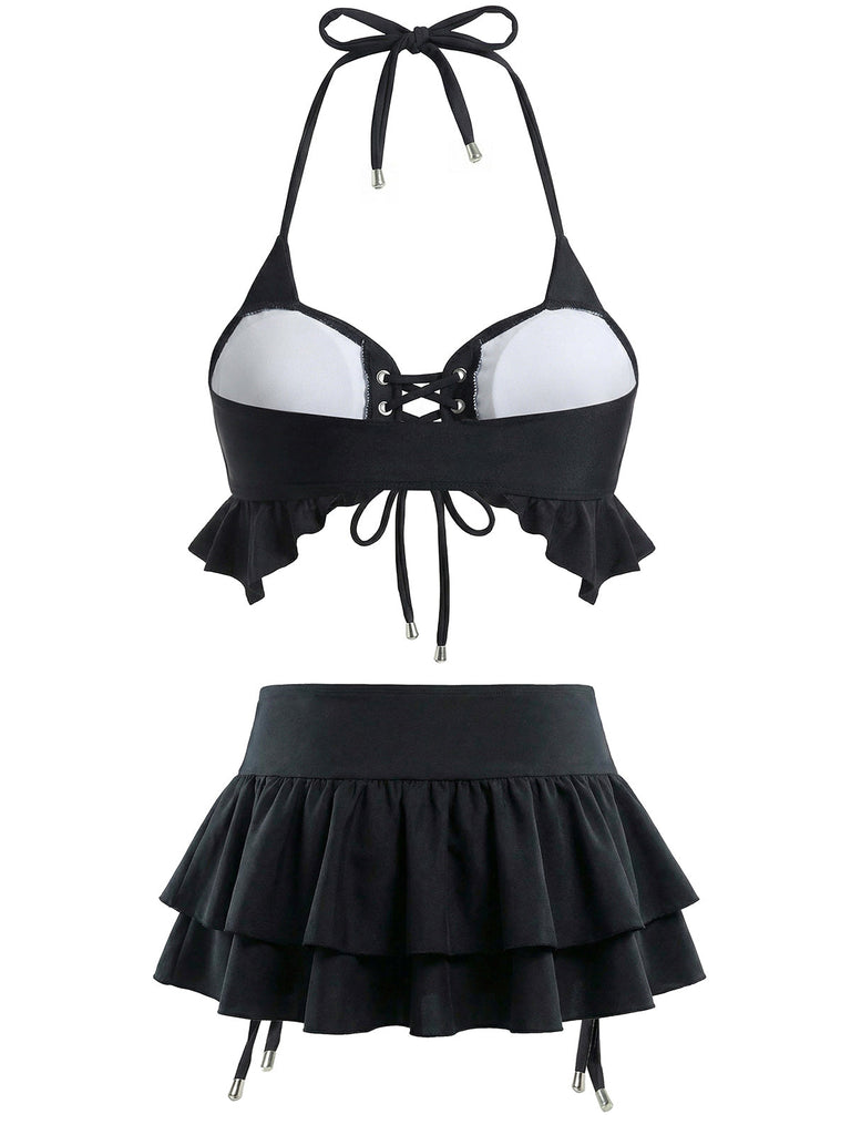 Ensemble bikini noir dos nu avec paréo à volants années 50