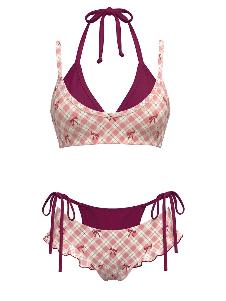 [Prévente] Ensemble bikini double épaisseur à carreaux Violette nœud et dos nu années 50