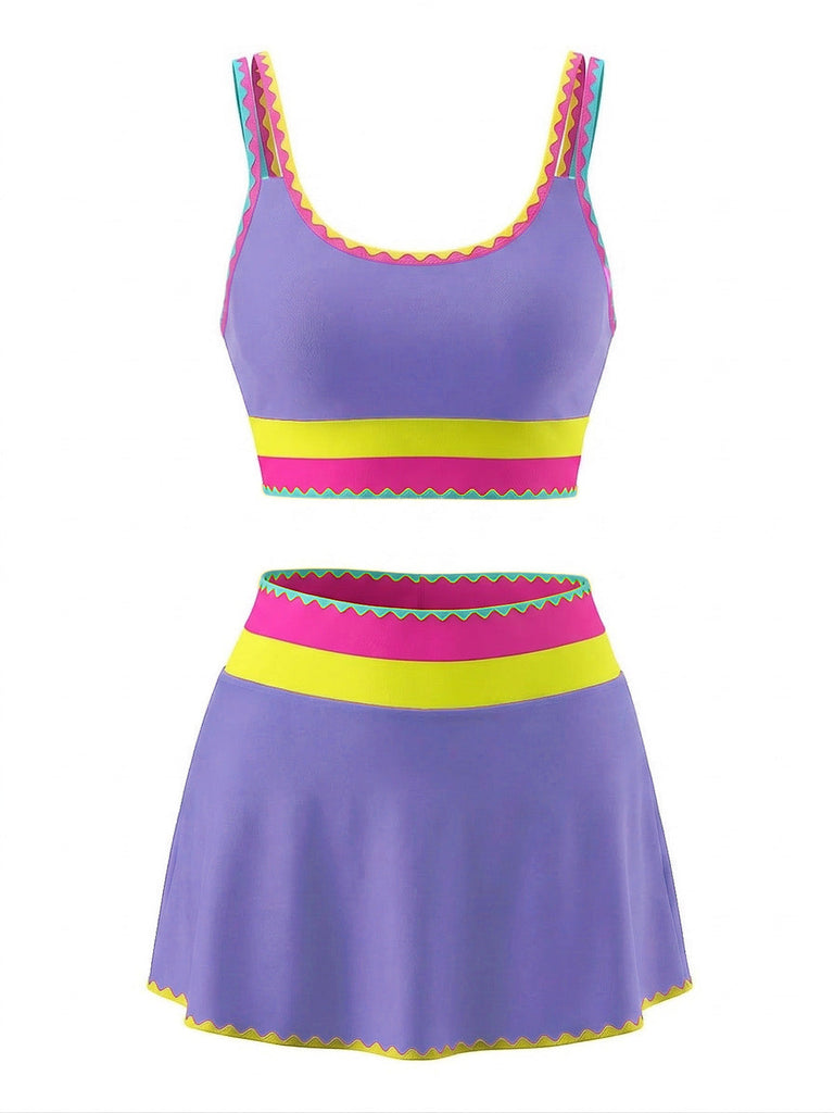 3PCS Contraste de Couleur Zigzag Bordure Ensemble Tankini & Cache-Maillot Années 1950 7